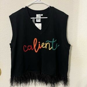 QUEEN OF SPARKLES Black knit Caliente! feather sweater tank